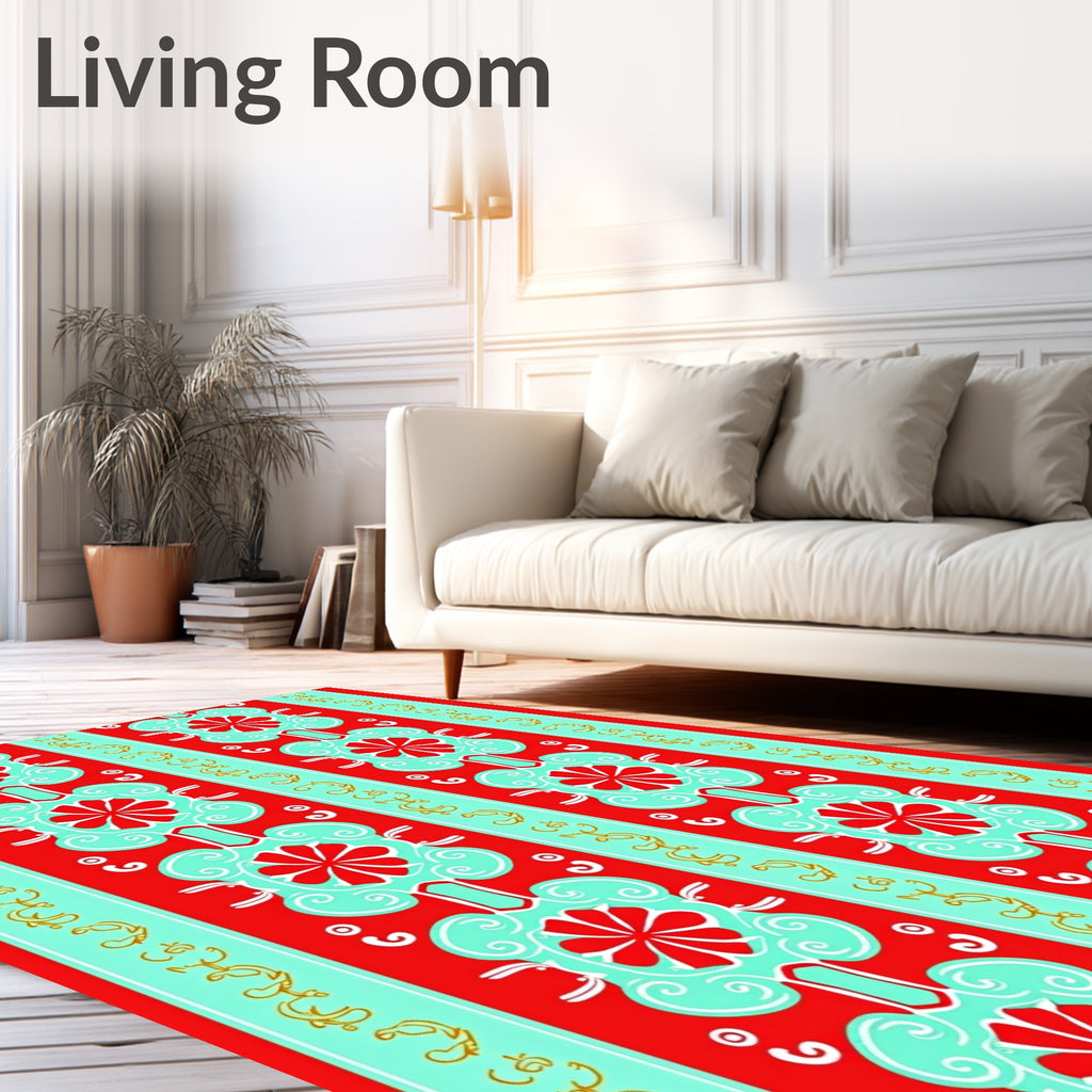 Red Aqua Floral Stripe Medallions Rug