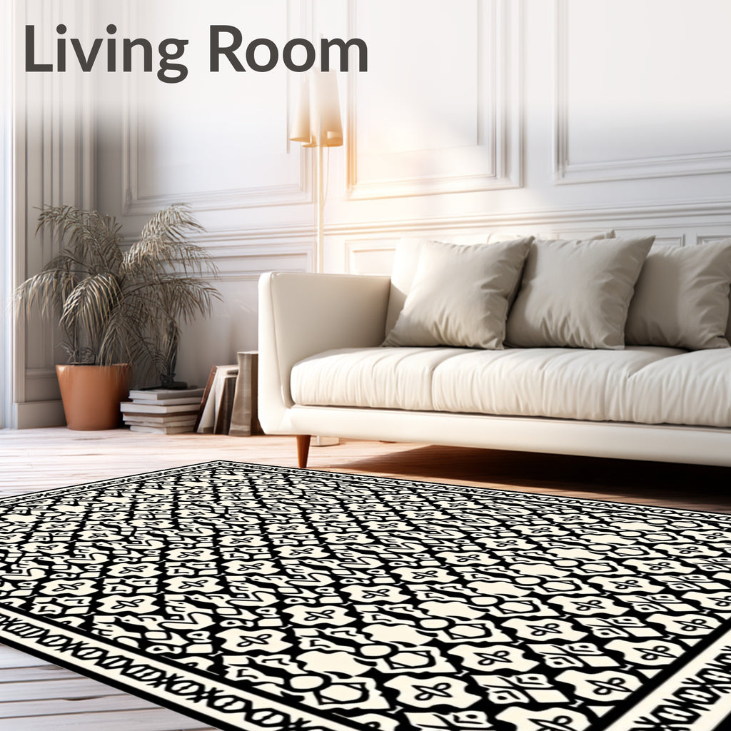 Ornamental Black White Geometric Style Rug