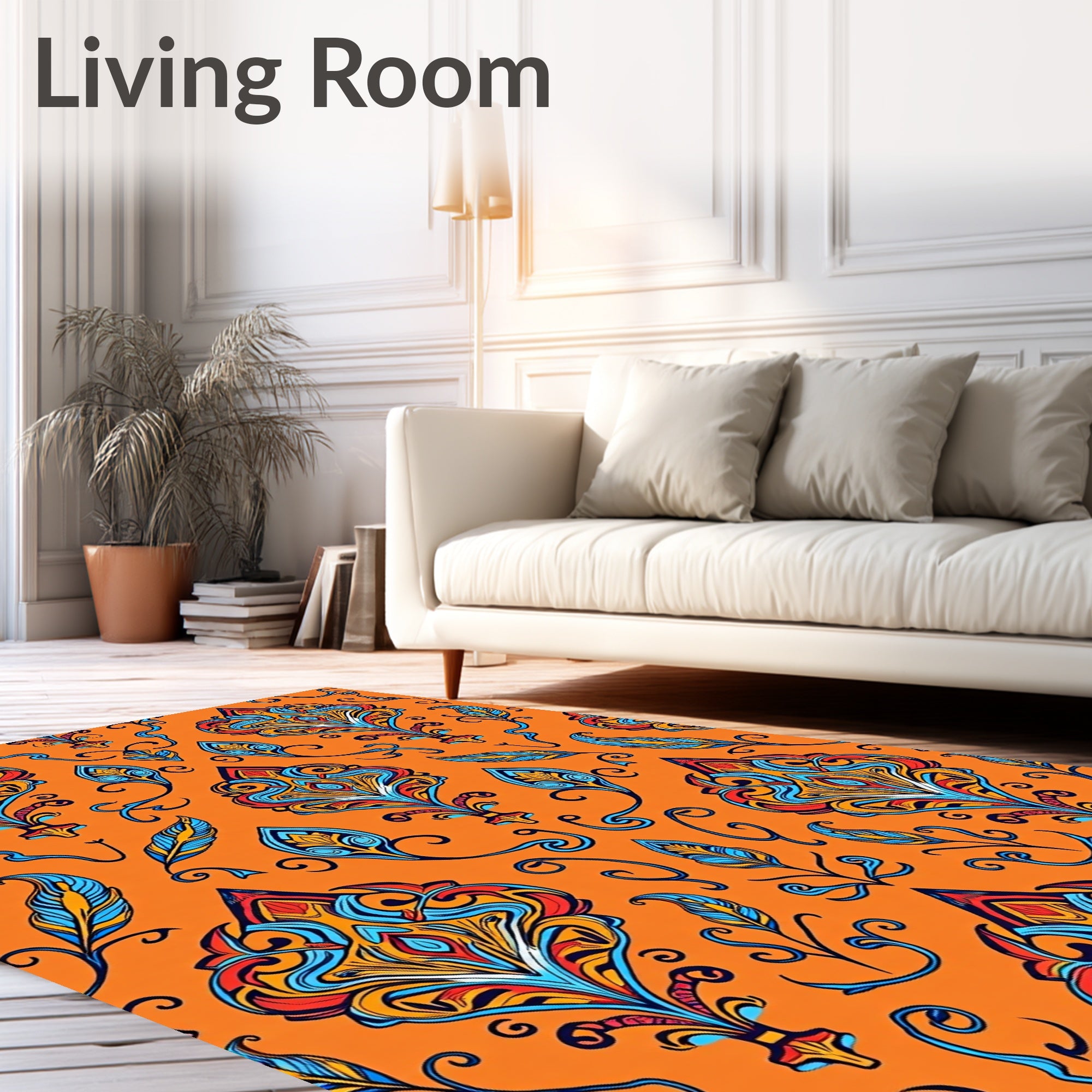 Vibrant Orange Floral Damask Rug