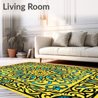 Vibrant Yellow Blue Floral Medallion Pattern Rug