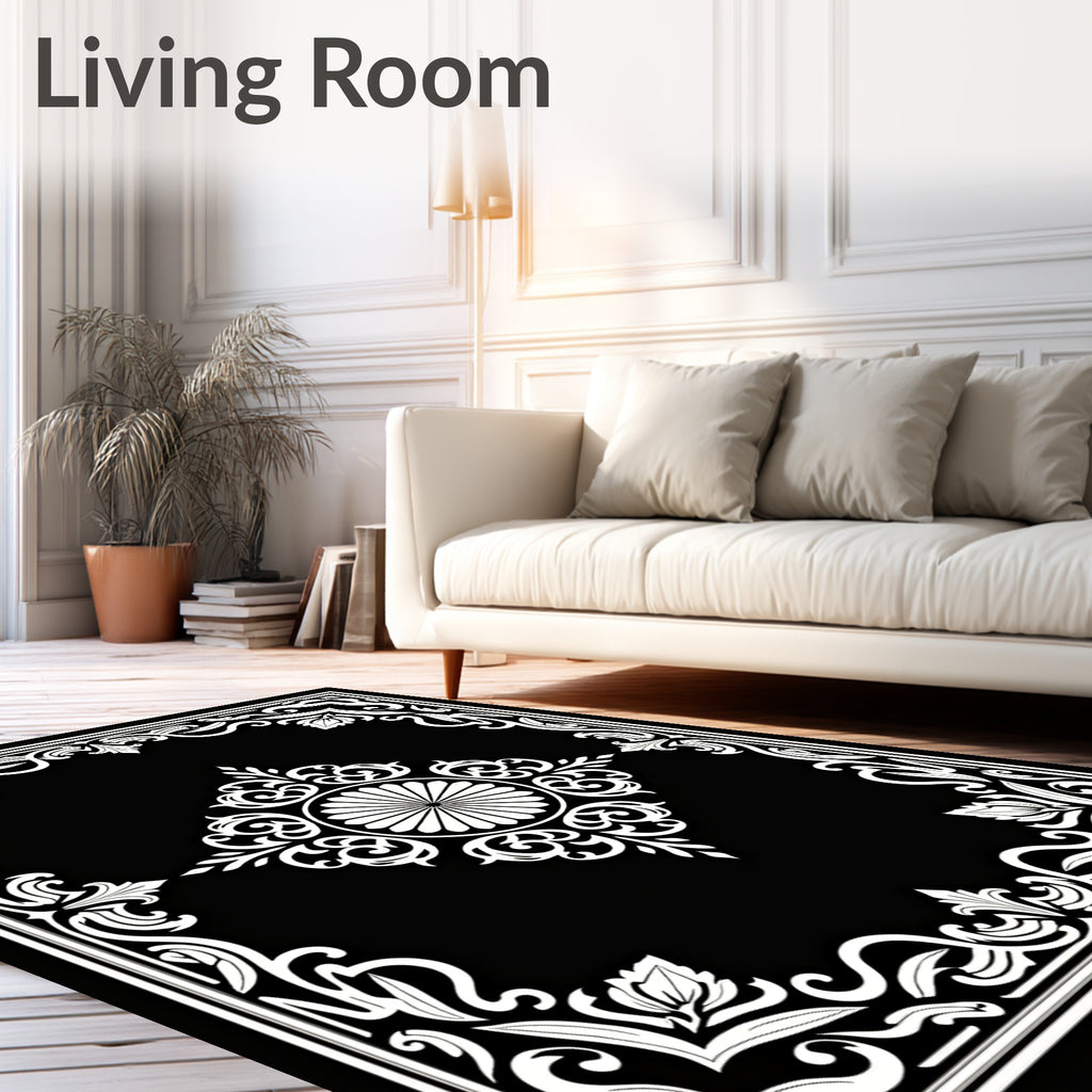 Black White Ornate Floral Frame Design Rug