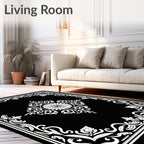 Black White Ornate Floral Frame Design Rug