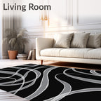 Black White Abstract Swirl Ribbons Rug