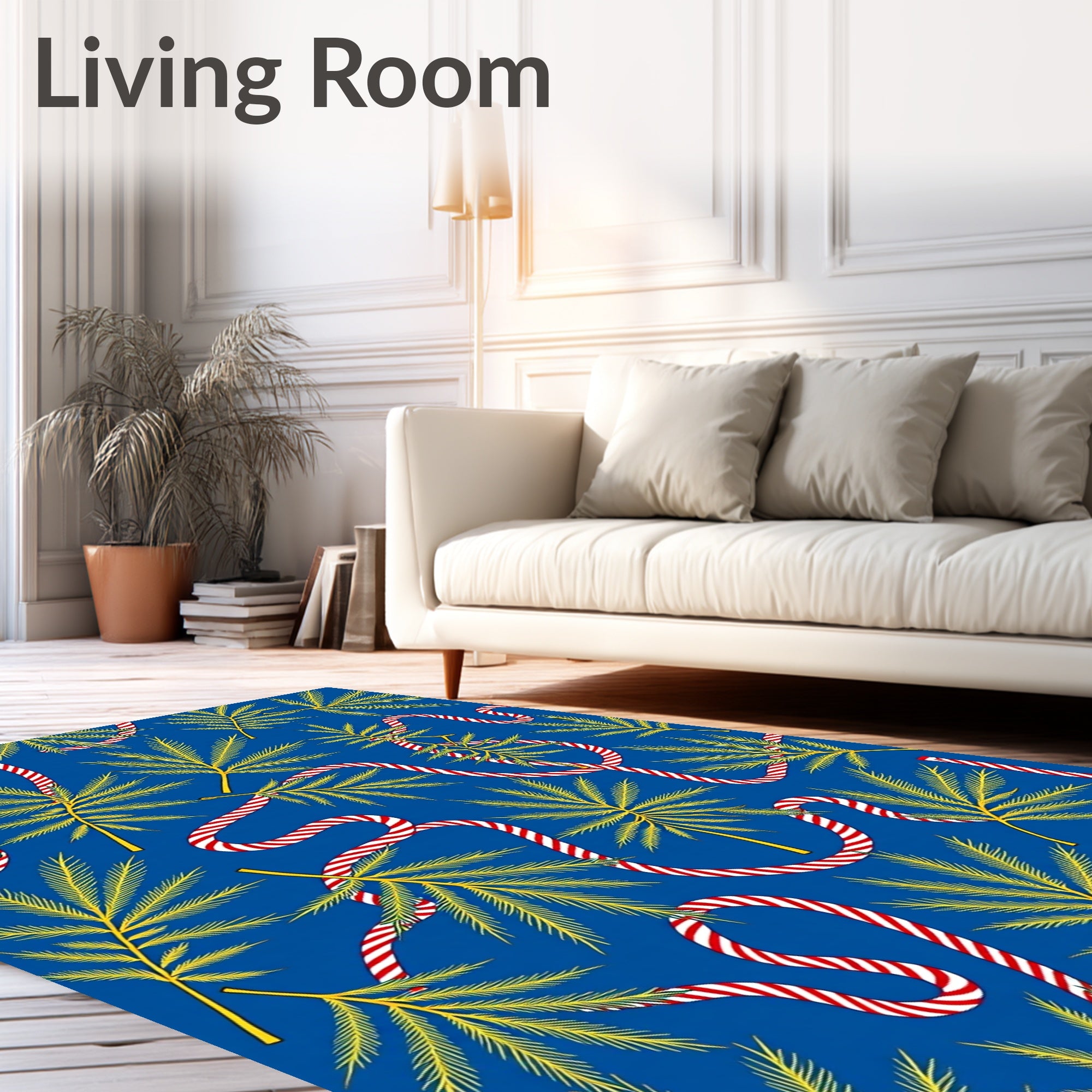 Crimson Candy Cane Pinecone Blue Scene Rug
