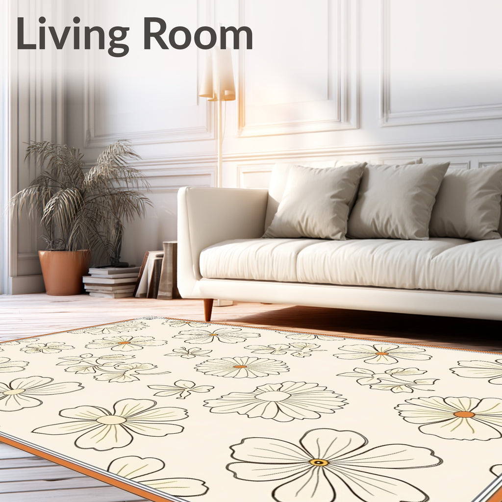 Whimsical Floral Cream Outline Art Rug