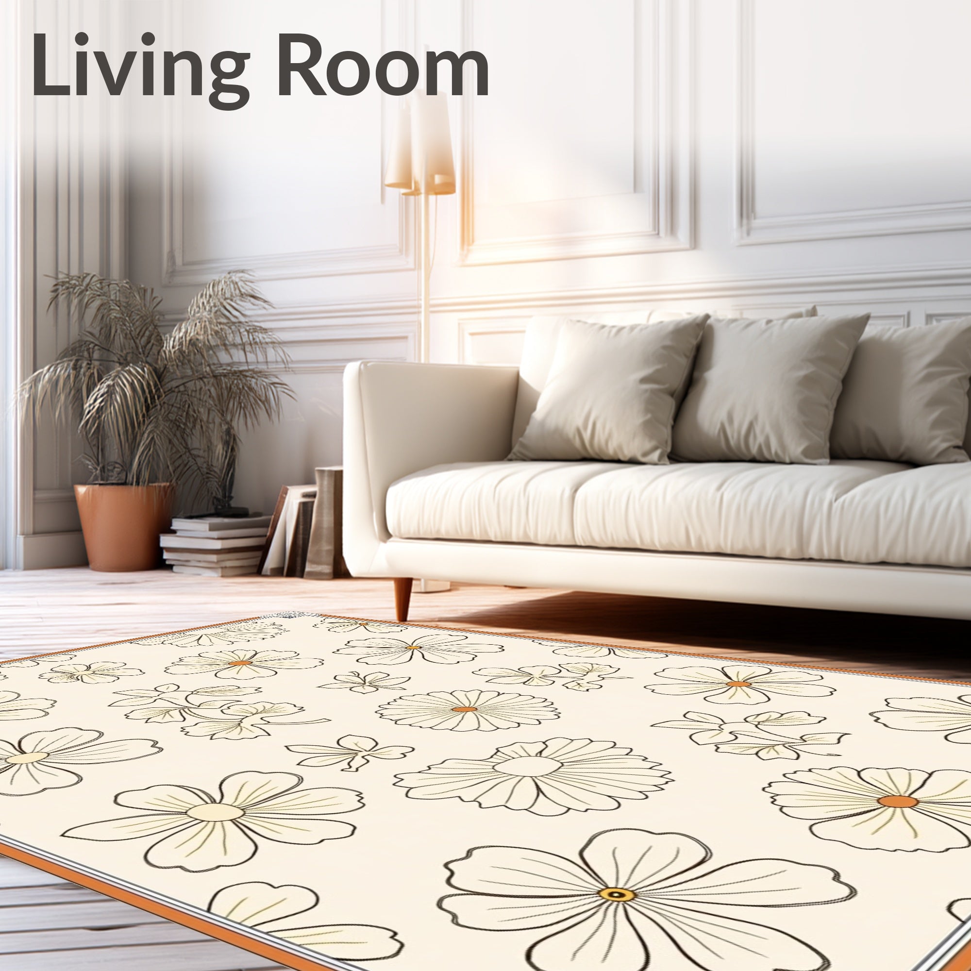 Whimsical Floral Cream Outline Art Rug