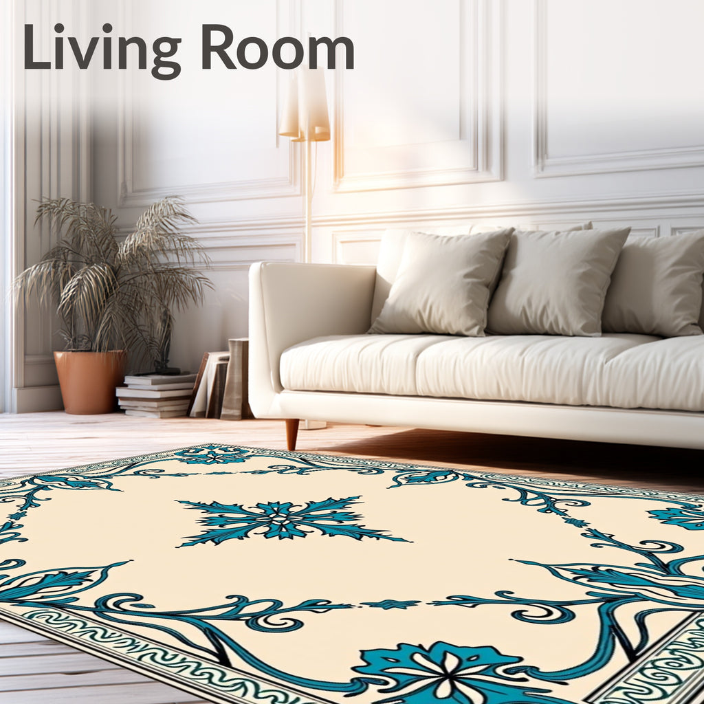 Turquoise Floral Scrollwork Pattern Rug