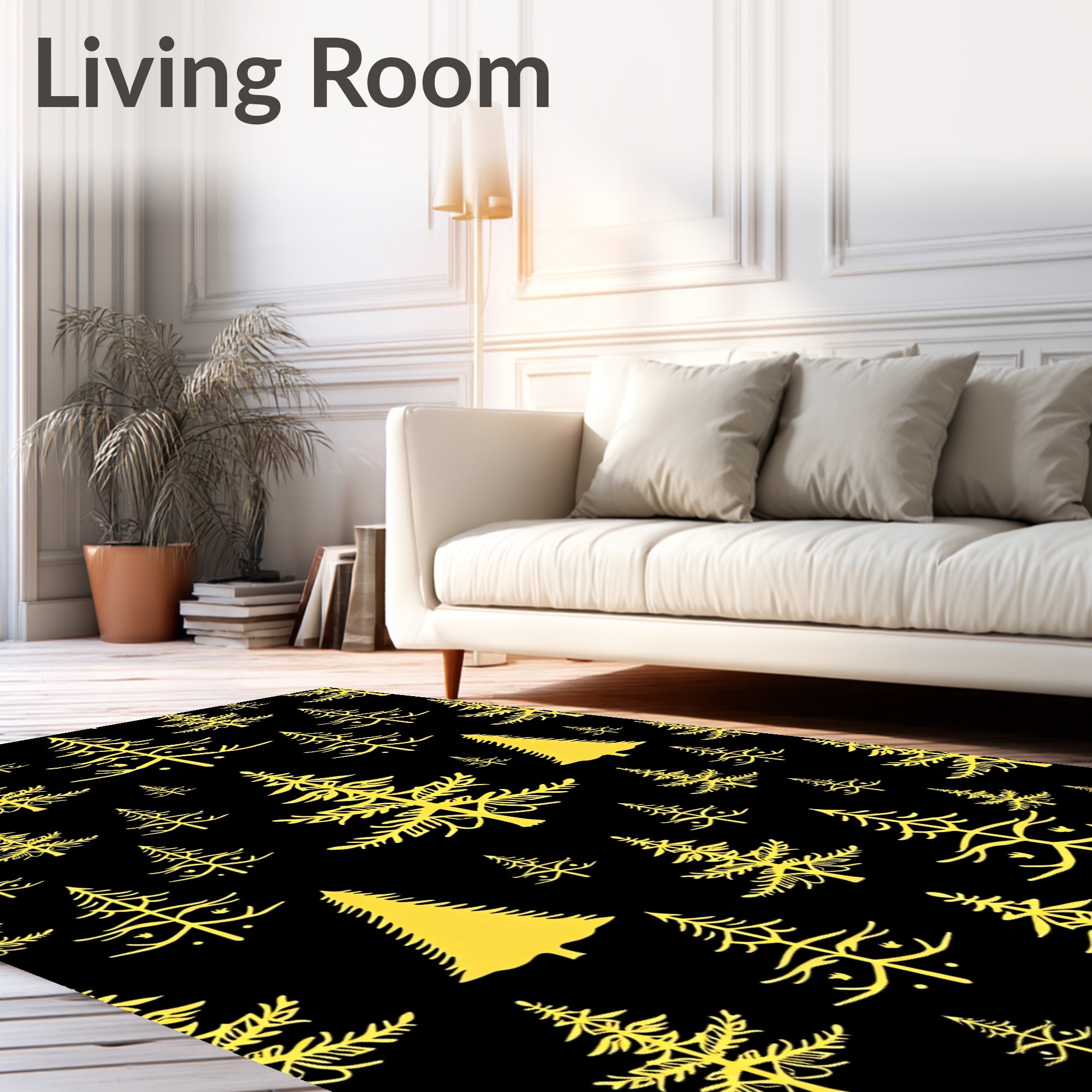 Golden Christmas Trees Scattered Black Rug