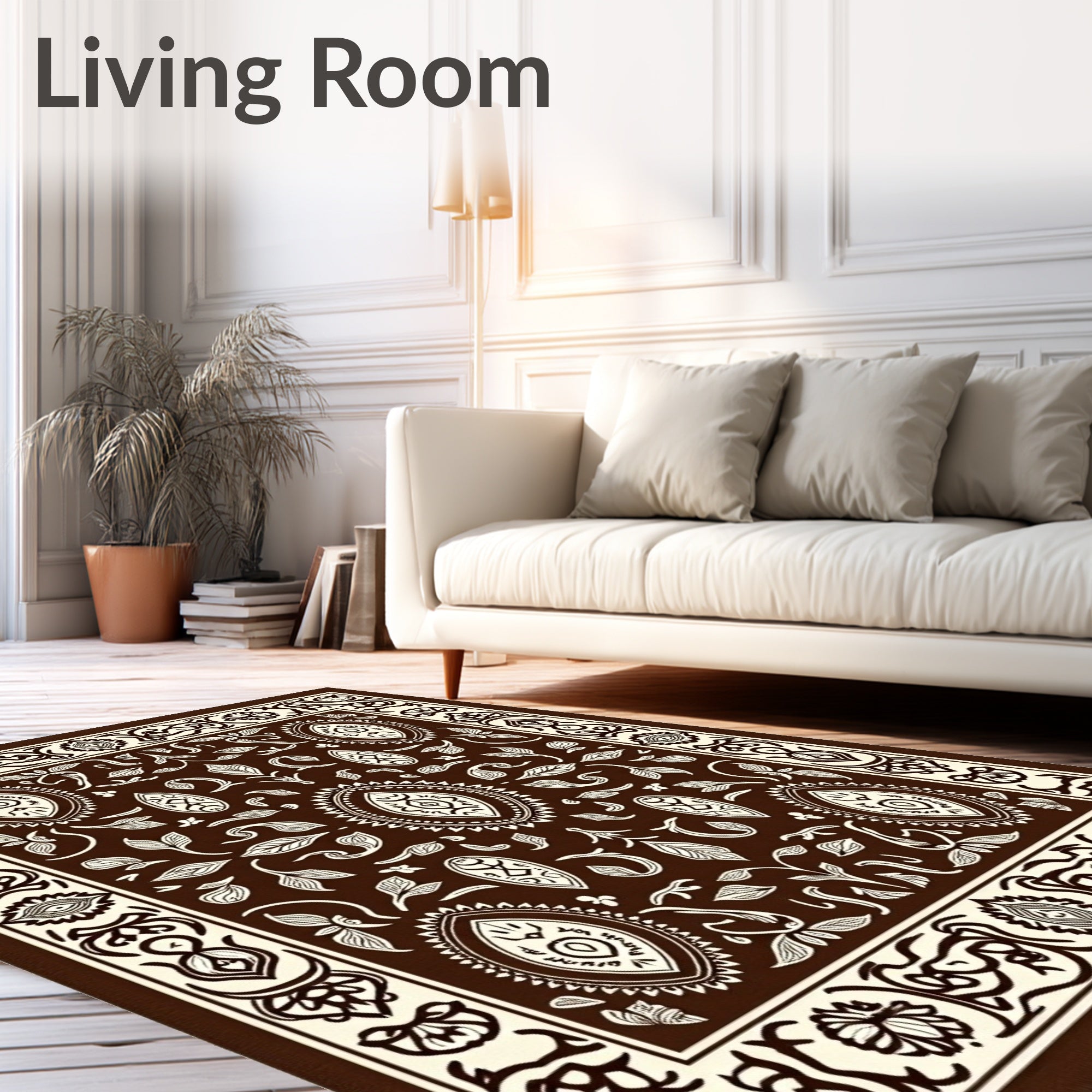 Ornate Floral Brown Cream Bordered Rug