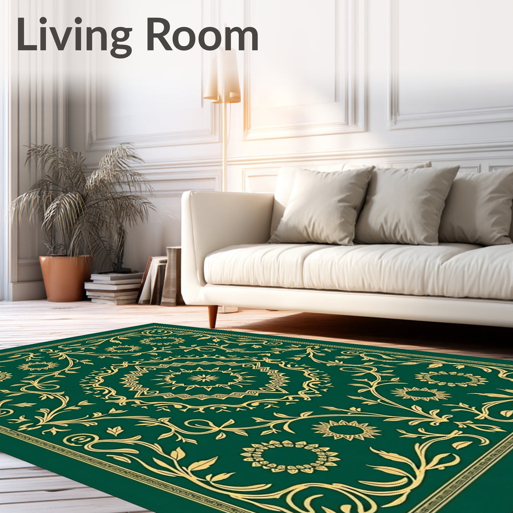 Emerald Green Gold Filigree Medallion Rug
