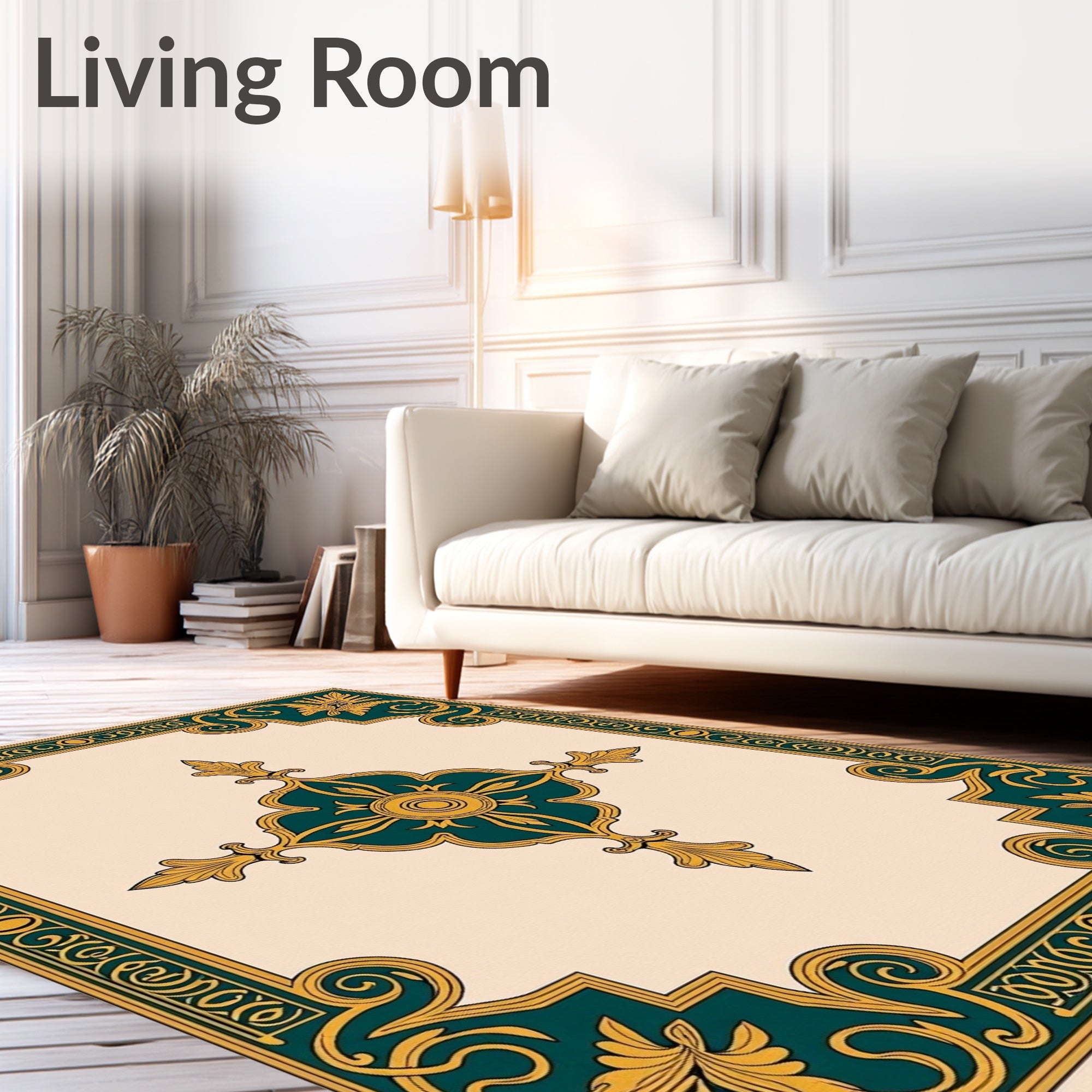 Ornate Teal Gold Floral Pattern Rug