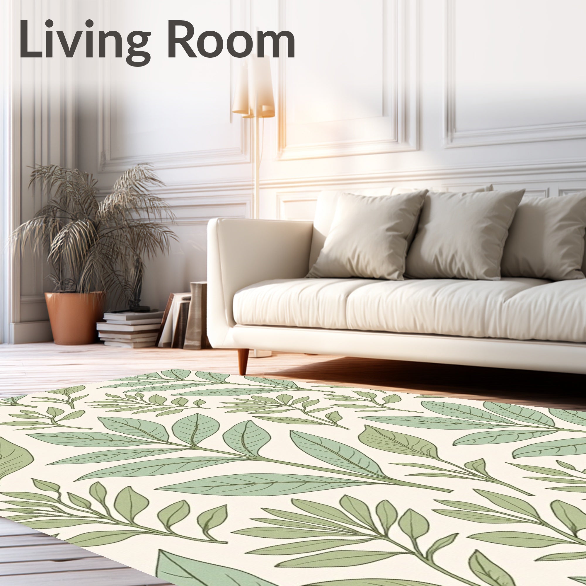 Botanical Leaf Pattern in Green and Cream Rug
