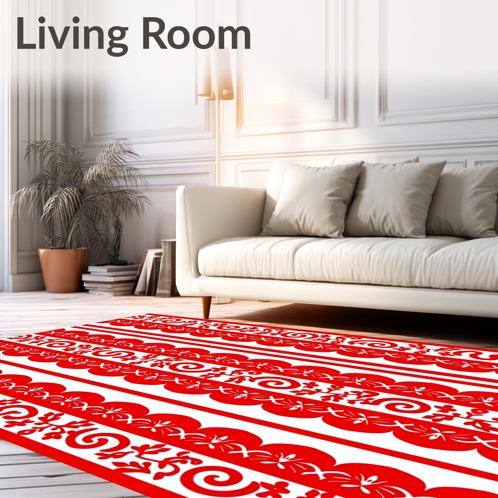 Bold Red Floral Scroll Stripe Rug