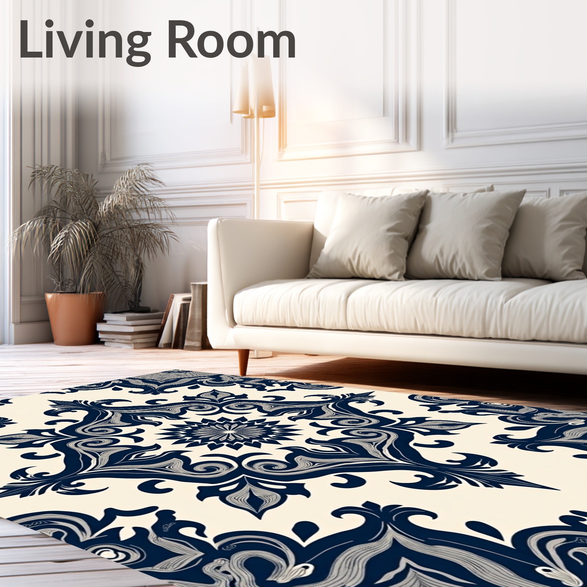 Dark Blue Cream Damask Pattern Rug