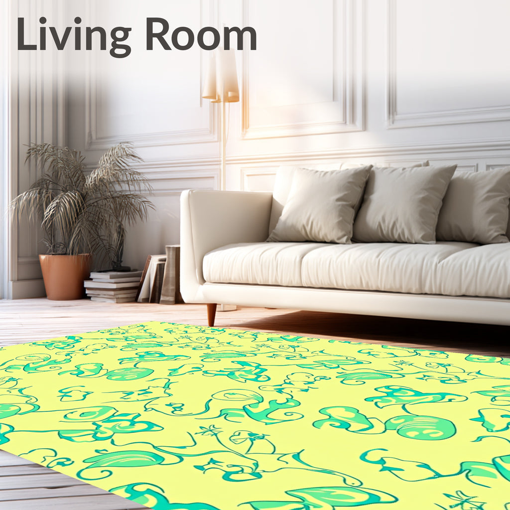 Whimsical Teal Botanical Swirl Design Rug
