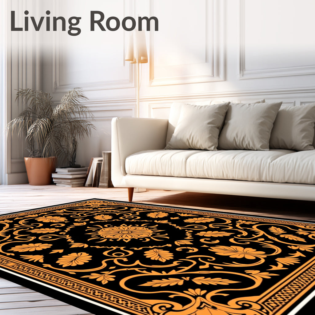 Ornate Black Orange Floral Scroll Rug