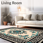 Black Teal Cream Geometric Medallion Rug