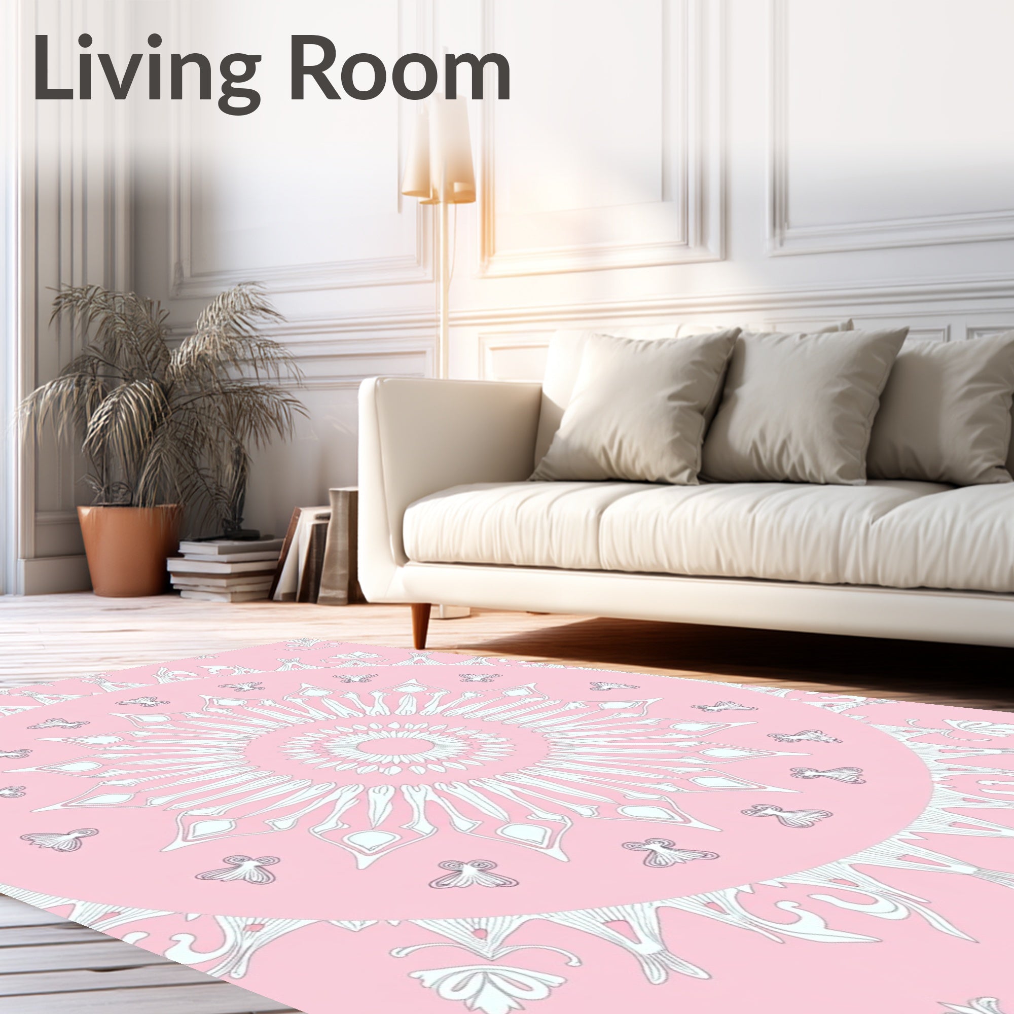 Pink White Floral Mandala Patterned Rug