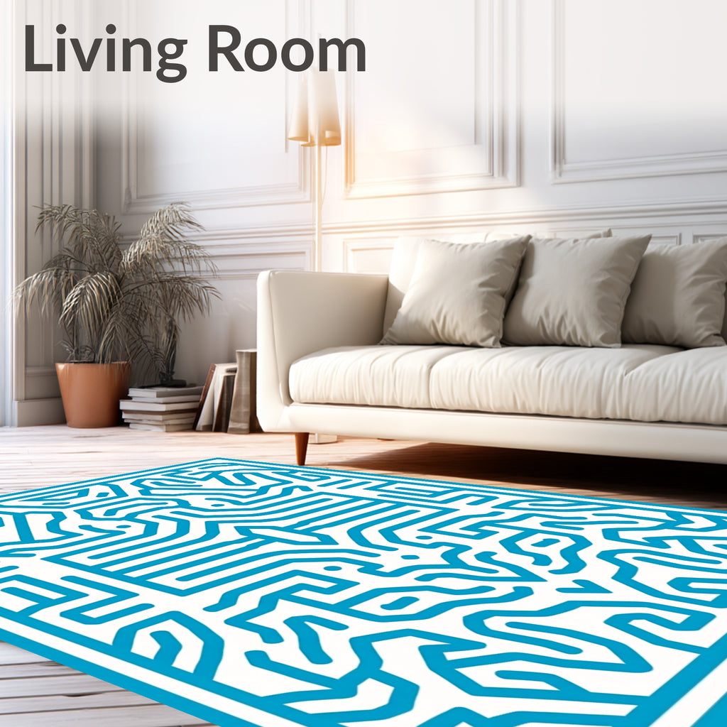 Blue Geometric Circuit Board Pattern Rug
