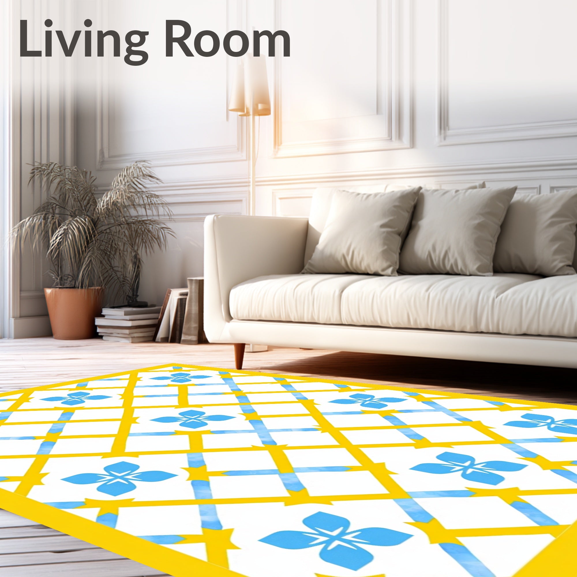 Sunny Yellow Blue Floral Lattice Pattern Rug