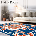 Blue Red White Ornate Floral Rug