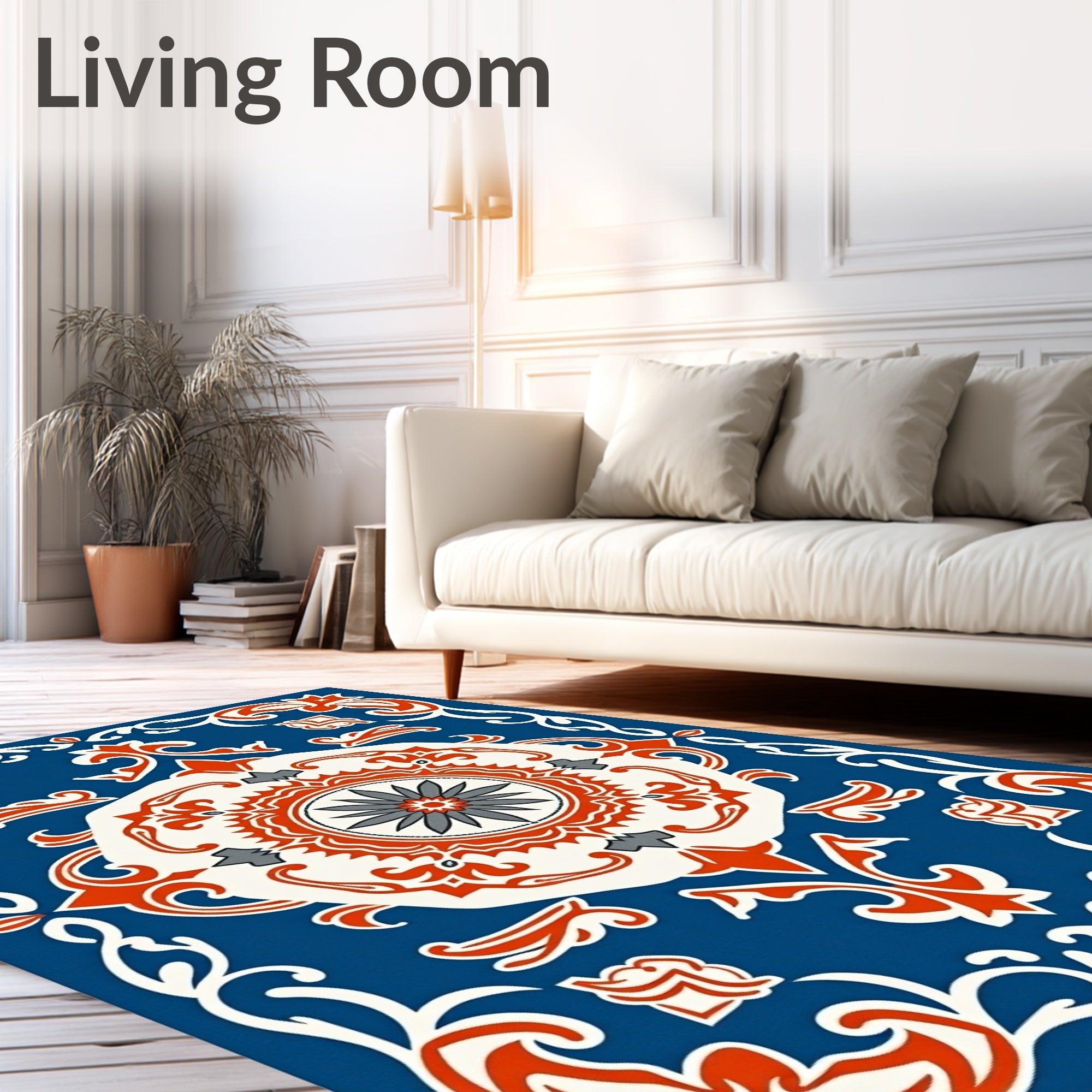 Blue Red White Ornate Floral Rug