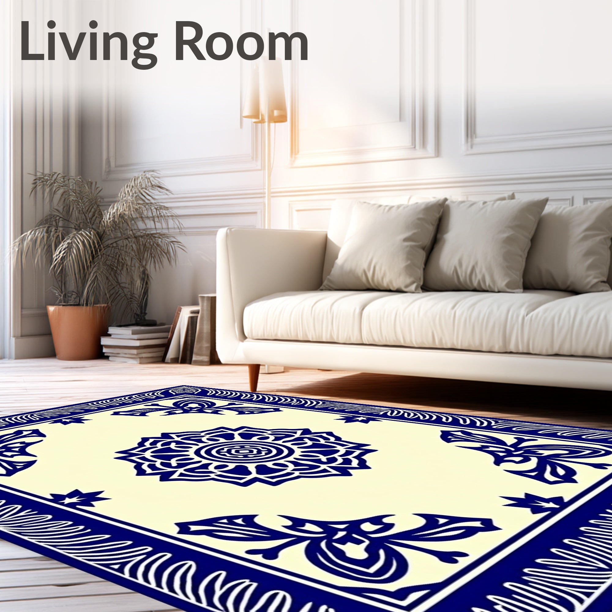 Classic Blue Floral Mandala Border Rug