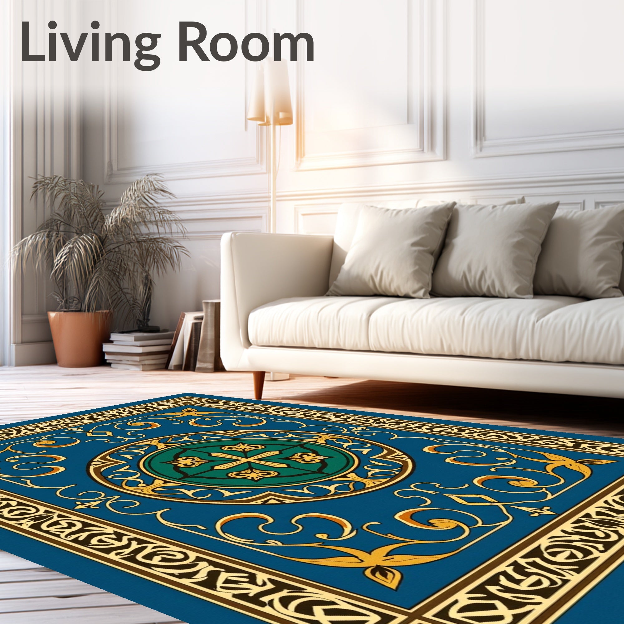 Ornate Blue Gold Interlocking Pattern Rug
