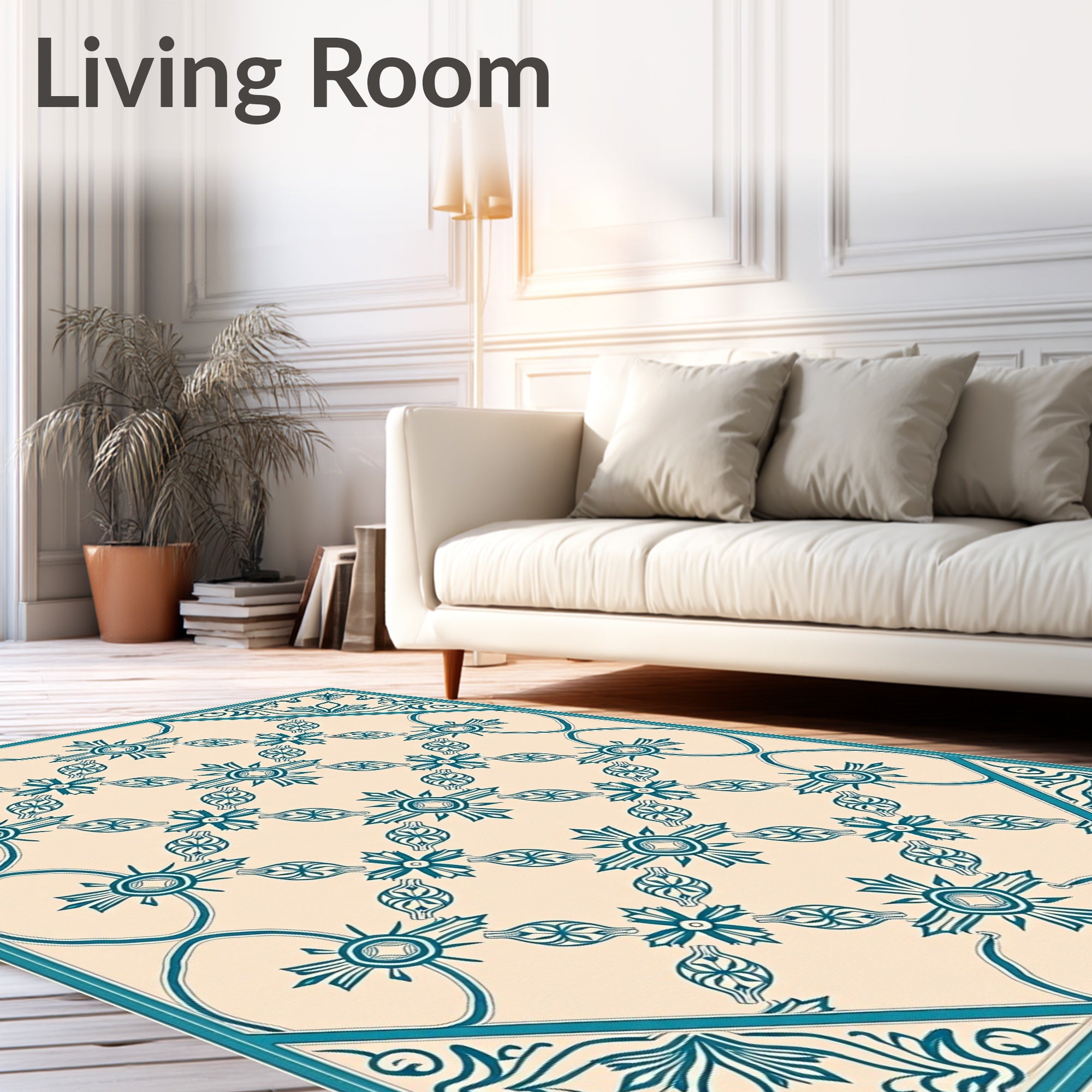 Teal Floral Medallion Patterned Rug