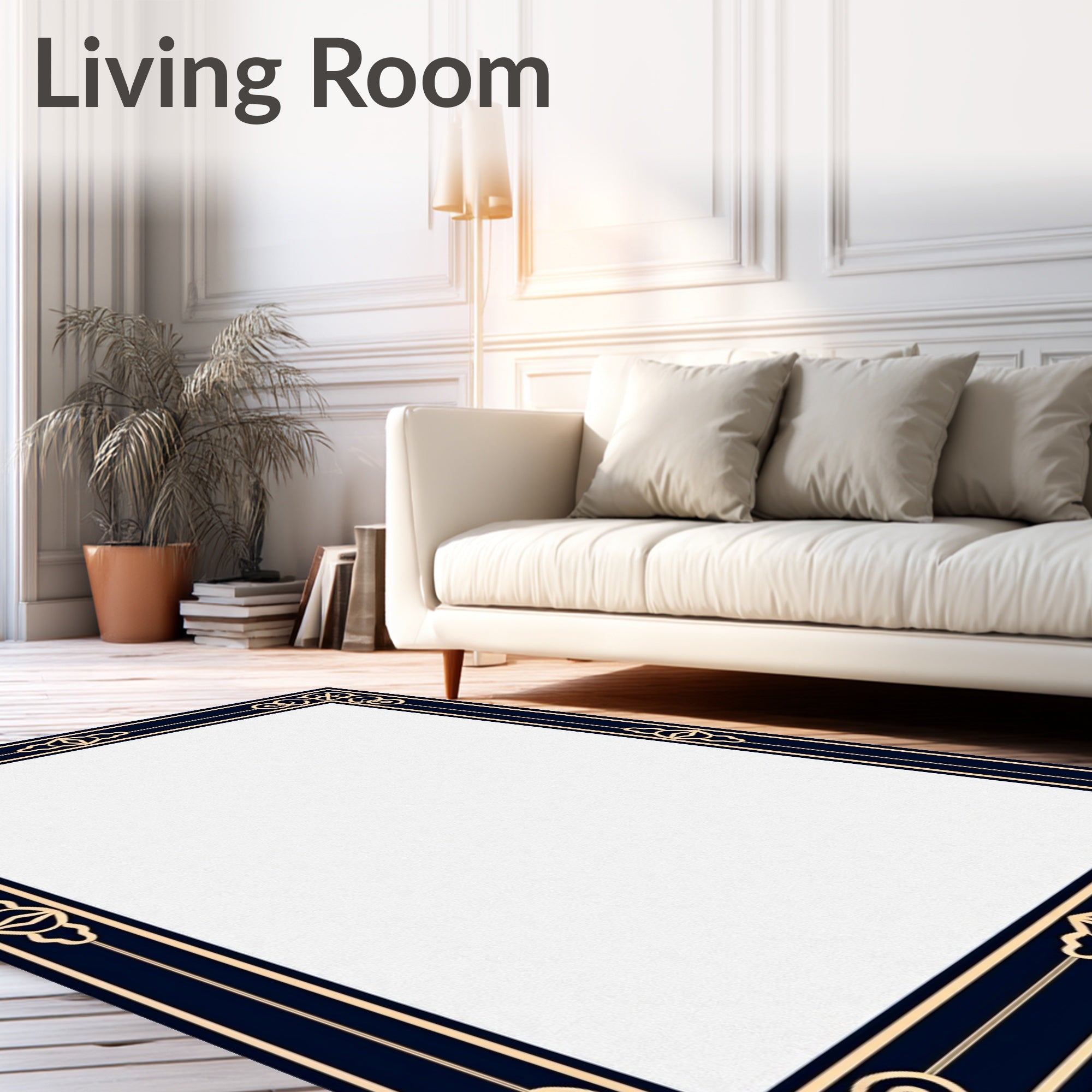 Dark Blue Golden Scroll Border Rug