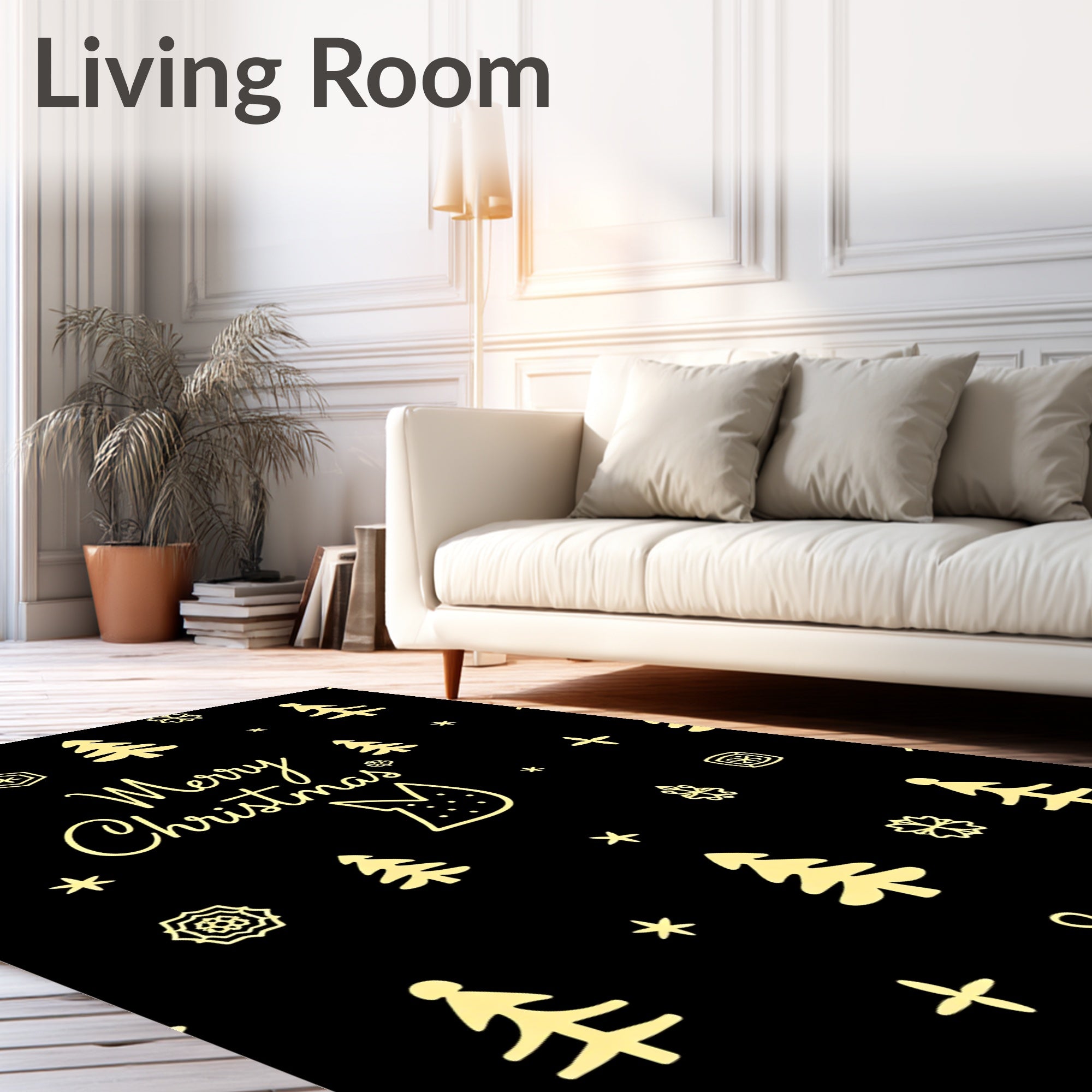 Festive Gold Christmas Trees Snowflakes Accents Rug