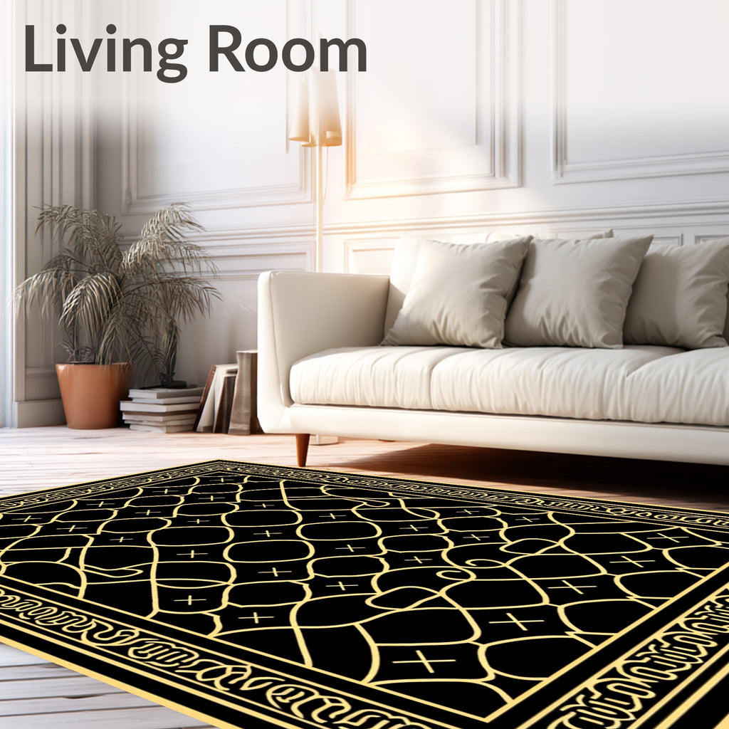 Intricate Geometric Black Gold Patterned Rug