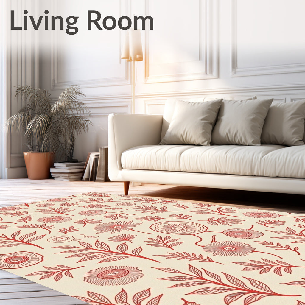 Red Floral Line Art Pattern Rug