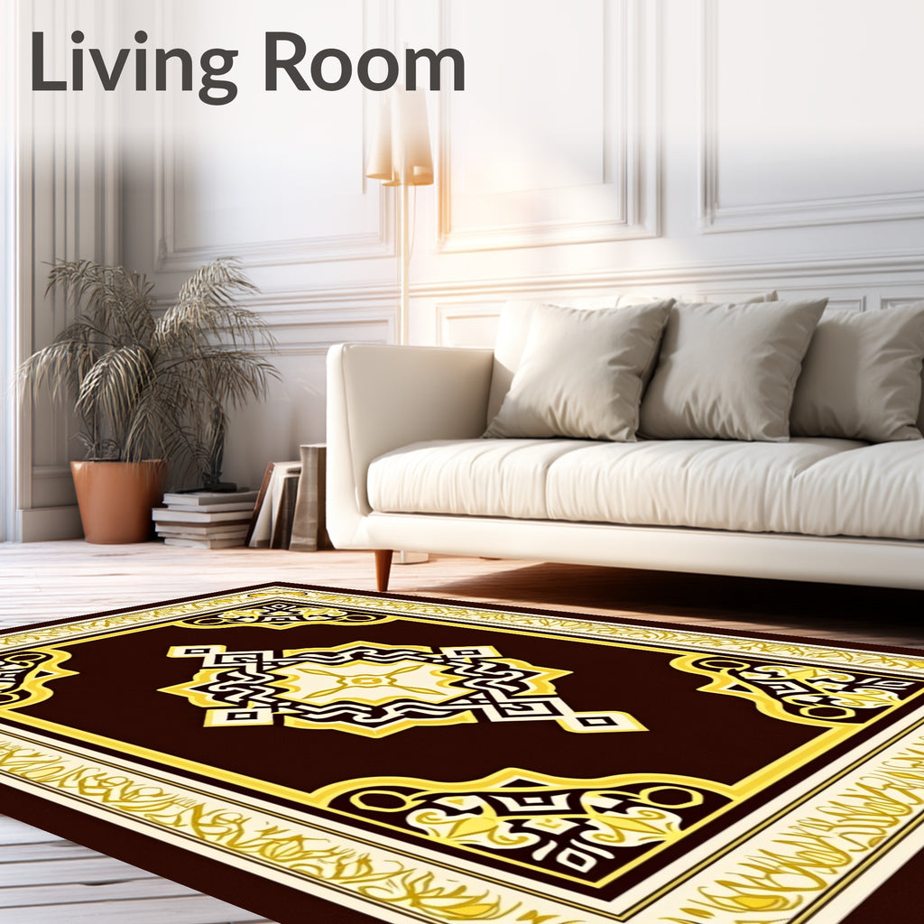Ornate Brown Gold Geometric Art Rug