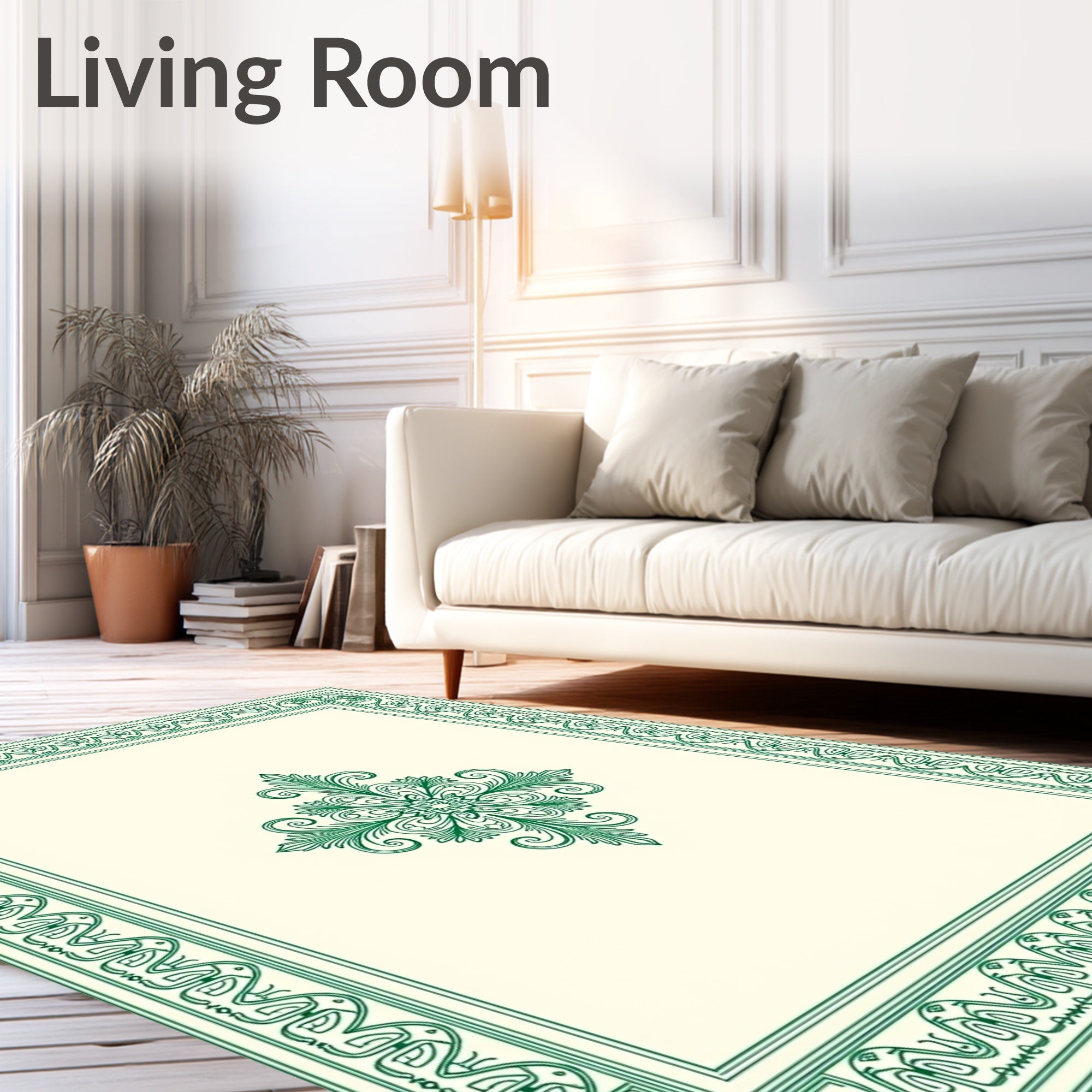 Elegant Green Leaf Scroll Border Design Rug