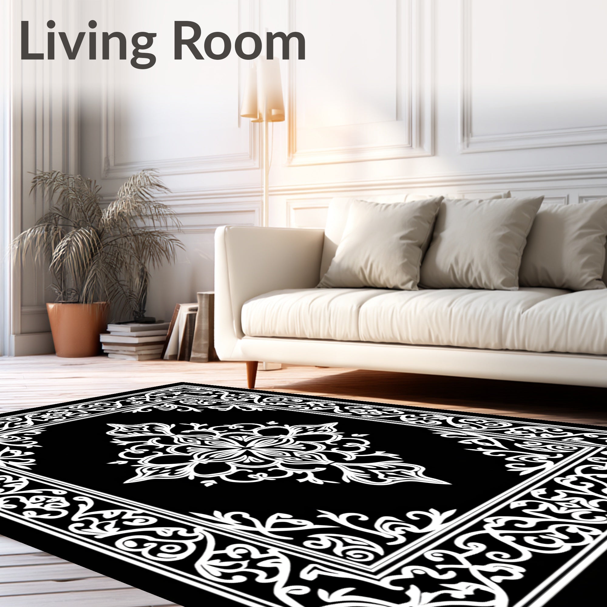 Intricate White Floral Border Design Rug