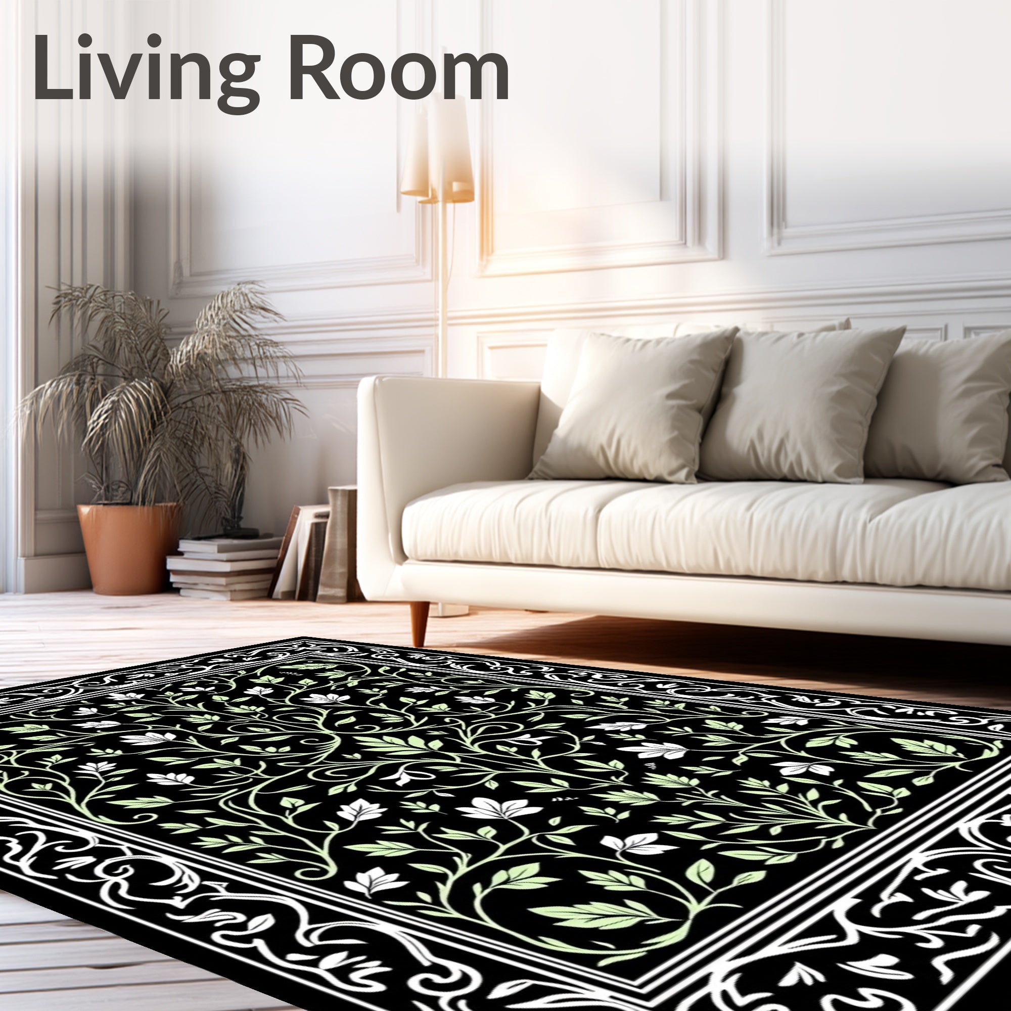 Intricate Floral Vine Black Background Rug
