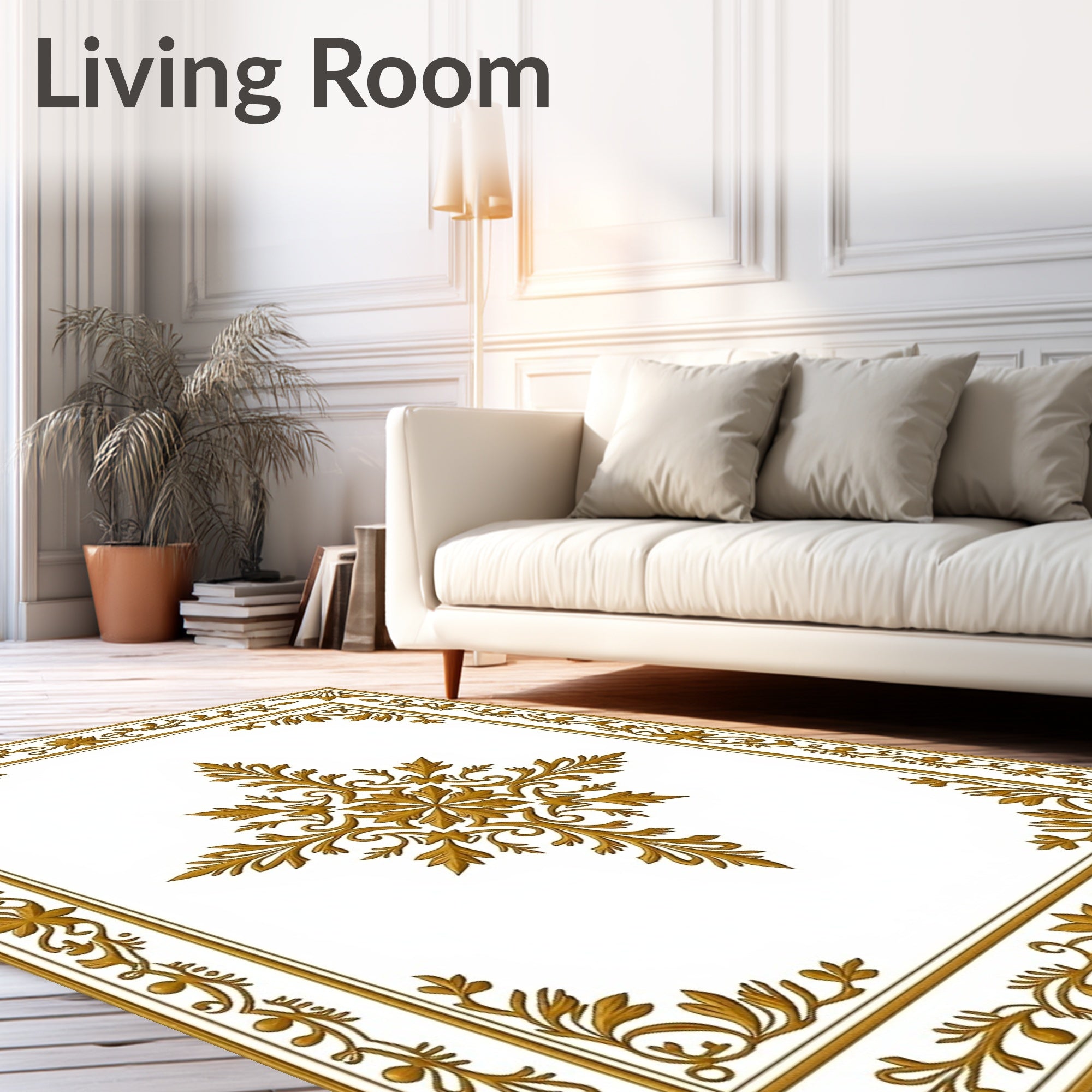 Ornate Gold Swirl Floral Border Rug