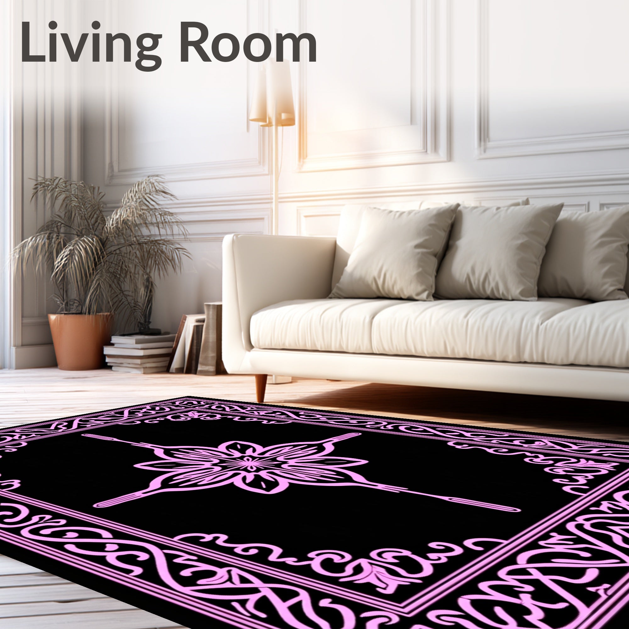 Elegant Pink Floral Scrollwork Framing Rug