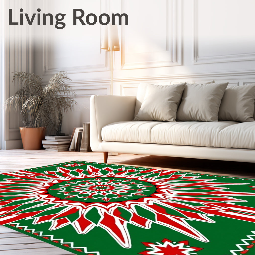 Bold Red Green Geometric Sun Rug