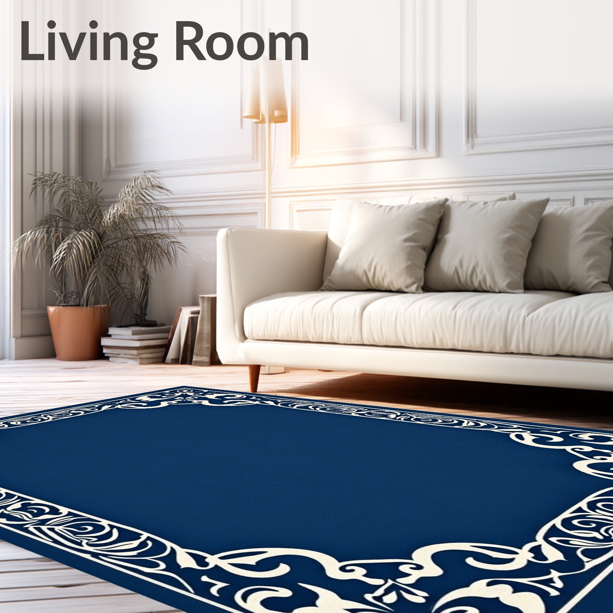 Classic Blue White Floral Border Rug