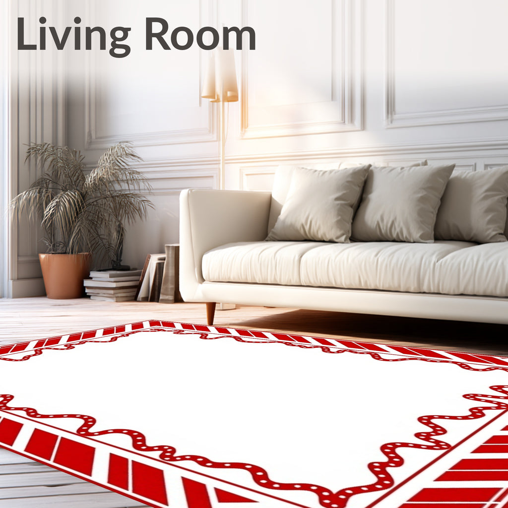 Crimson White Stripe Border Waves Rug