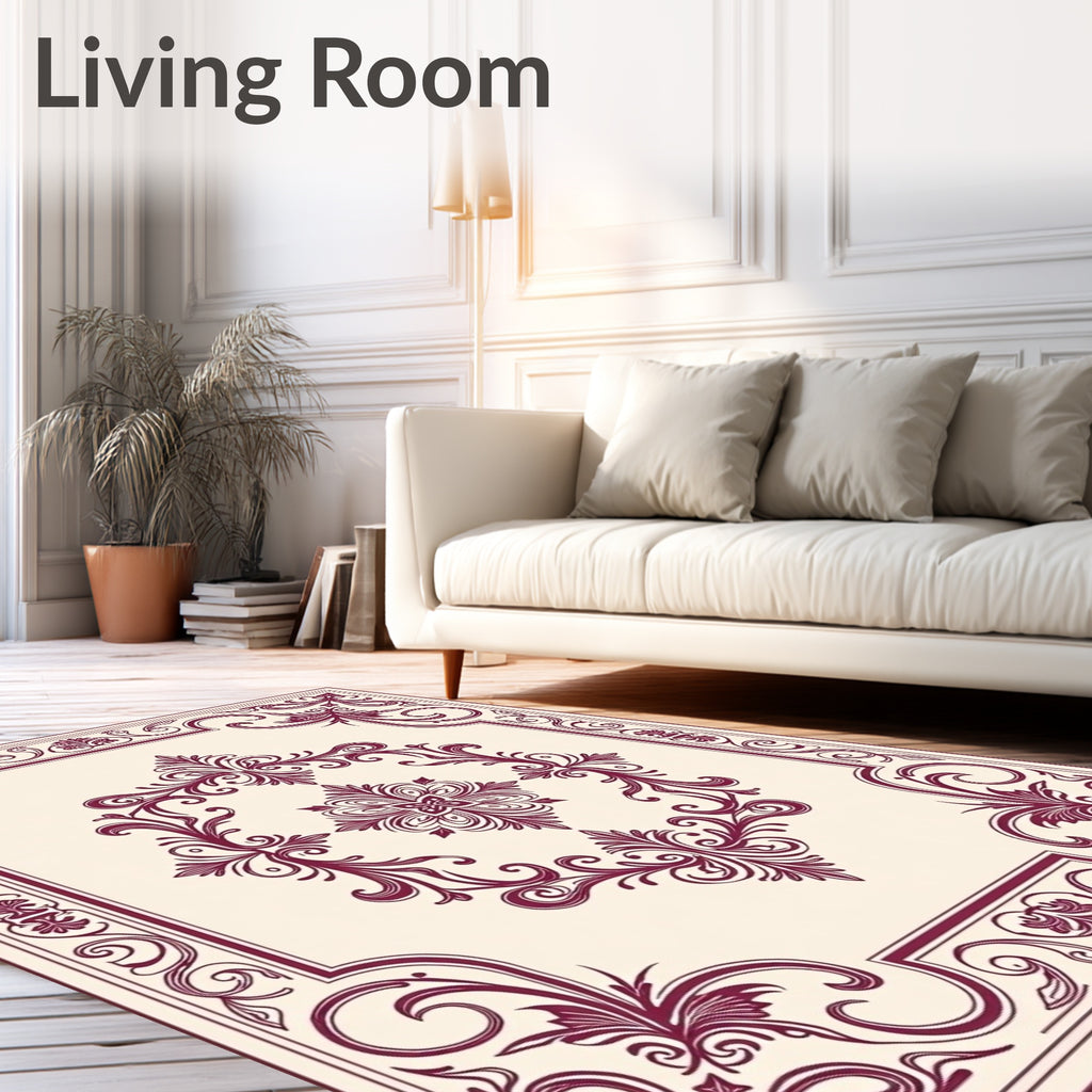 Ornate Maroon Floral Scrollwork Design Rug