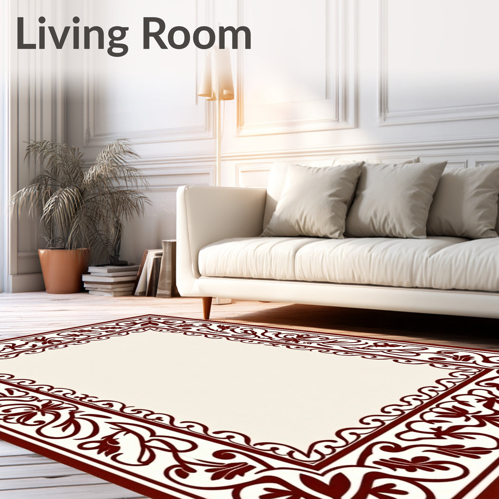 Elegant Cream and Burgundy Floral Border Rug