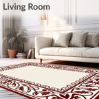Elegant Cream and Burgundy Floral Border Rug