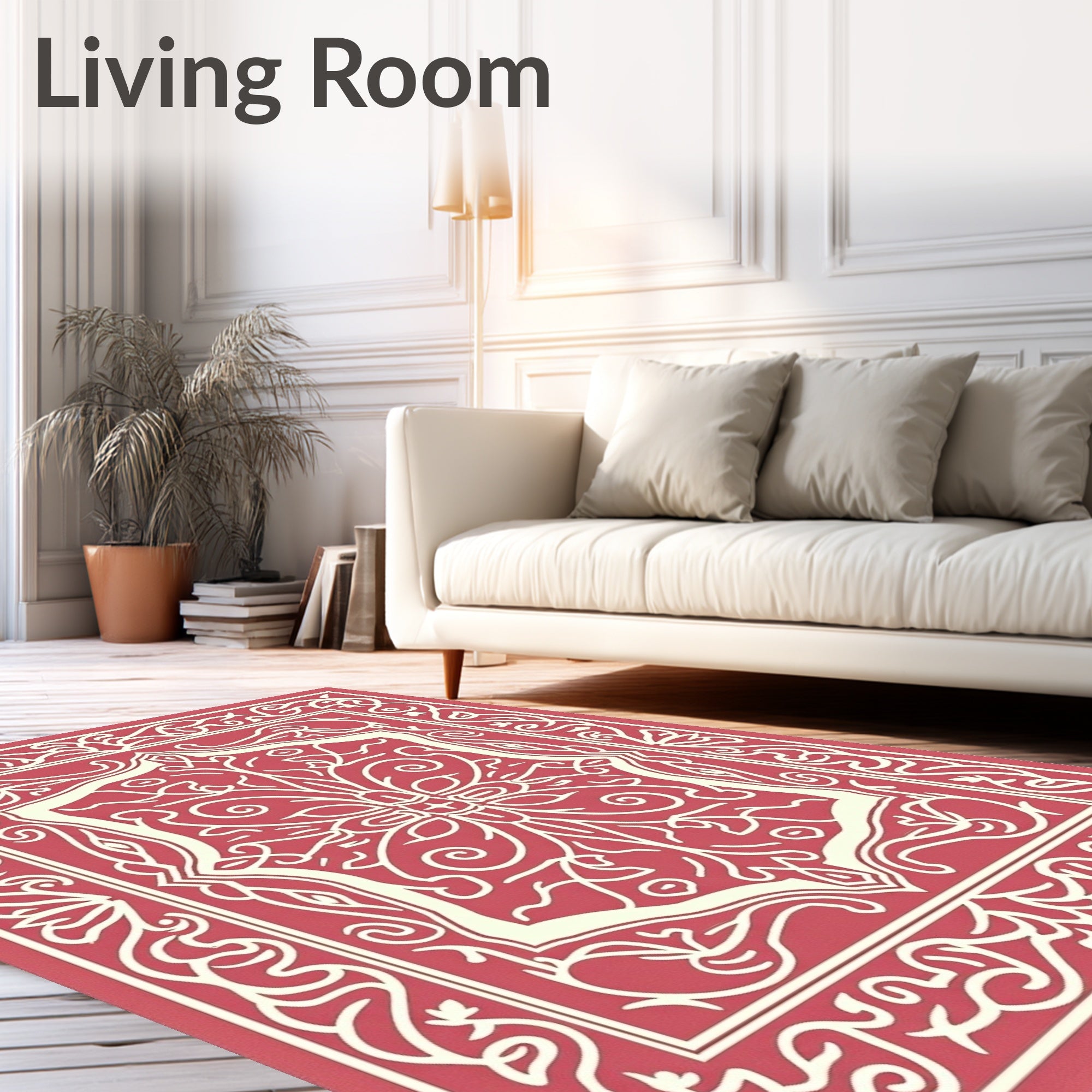 Ornate Floral Pattern Cream Red Rug