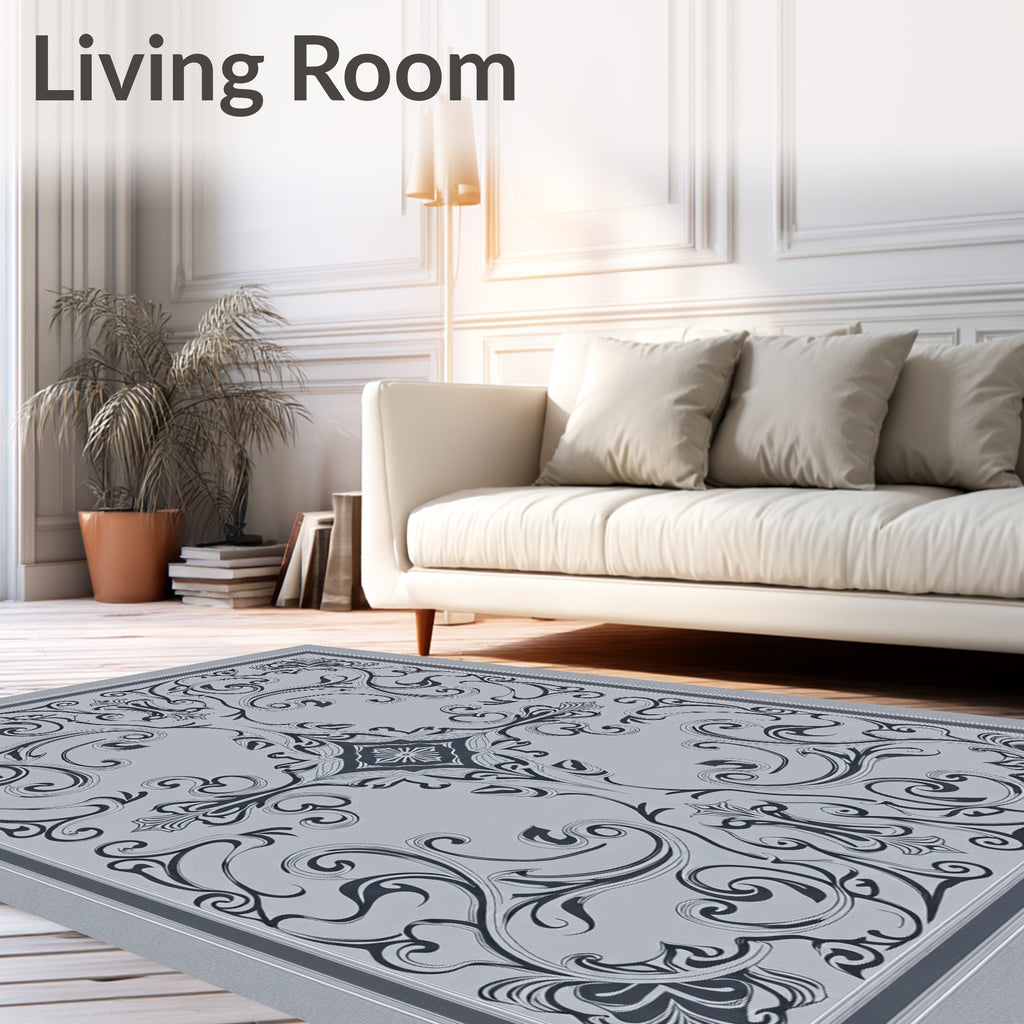 Ornate Scrollwork Grey Floral Square Design Rug