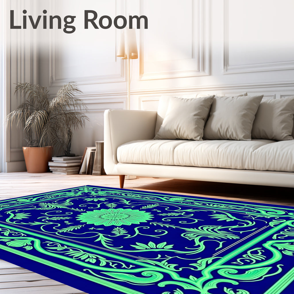 Ornate Floral Design In Blue And Green Rug