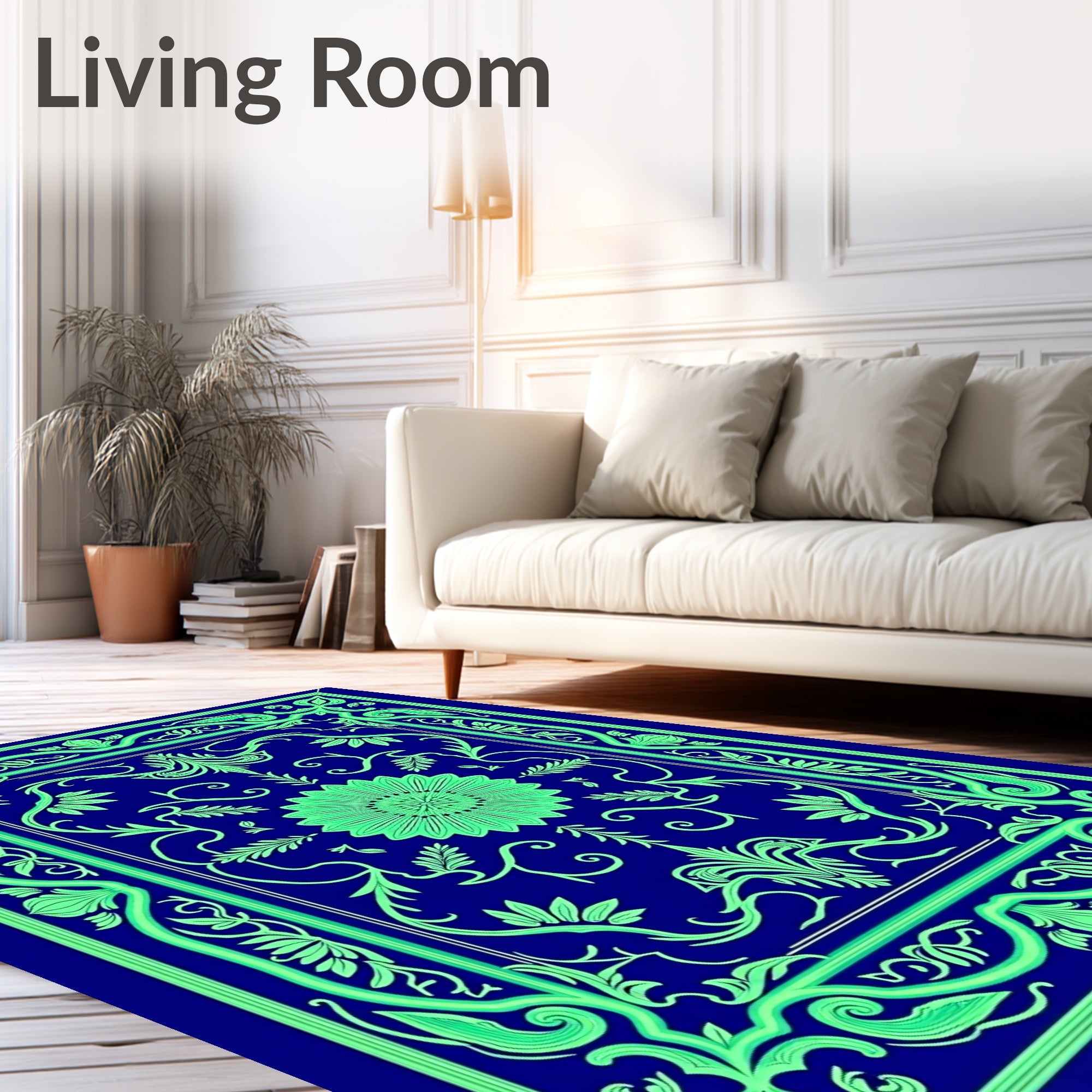 Ornate Floral Design In Blue And Green Rug