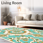 Ornate Teal Gold Floral Medallion Rug